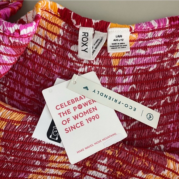 NEW Roxy Barefoot Bade Smocked Romper Large Red Pink Orange Hibiscus Floral - Picture 7 of 13